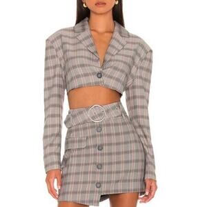 NEW For Love and Lemons Women’s Small Grey Plaid Kym Crop Blazer Jacket